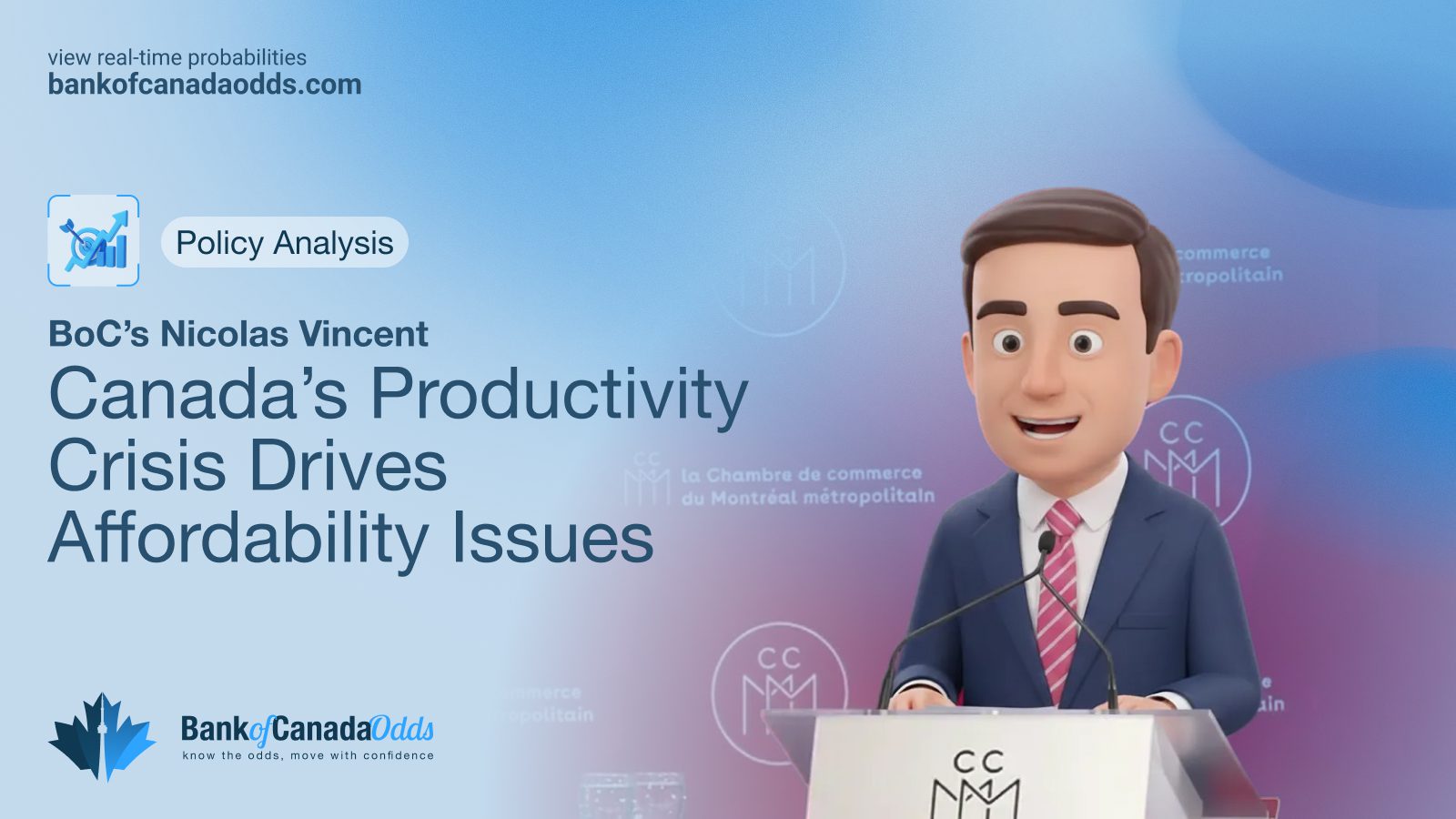 Bank of Canada Deputy Governor Nicolas Vincent speaking at a podium about Canada's productivity crisis.